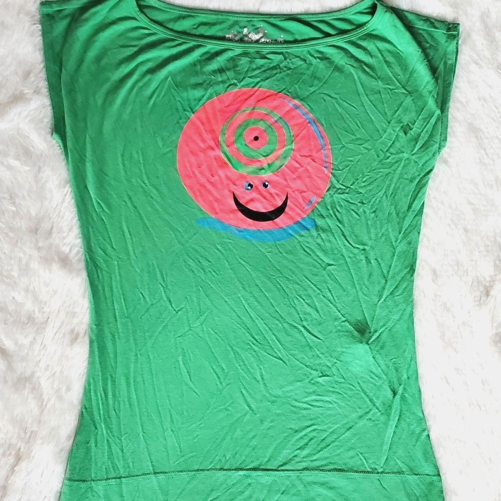 Kira Plastinina Y2K Pink Swirl Monster Cap Sleeve Stretch Tee Shirt Size XS RARE
